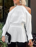 White Halter Chiffon Office Blouse Top_CWTBLL02226
