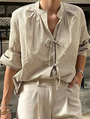 Striped Tie Front V Neck Casual Shirt_CWTBLL02228