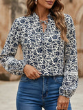 French Floral Tie V Neck Casual Blouse_CWTBLL02238