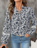 French Floral Tie V Neck Casual Blouse_CWTBLL02238
