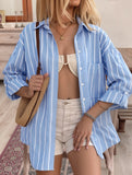 Loose Striped Polo Neck Office Shirt_CWTBLL02240