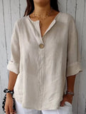 Solid V Neck Chiffon Button Blouse