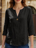 Solid V Neck Chiffon Button Blouse