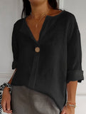 Solid V Neck Chiffon Button Blouse