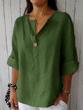 Solid V Neck Chiffon Button Blouse