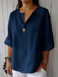 Solid V Neck Chiffon Button Blouse
