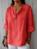 Solid V Neck Chiffon Button Blouse