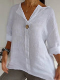 Solid V Neck Chiffon Button Blouse