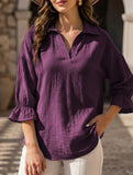 Vintage Solid Lantern Sleeve Cotton Shirt