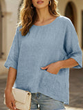Round Neck Cotton Linen Short Sleeve Shirt_CWTBLL02279