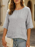 Round Neck Cotton Linen Short Sleeve Shirt_CWTBLL02279