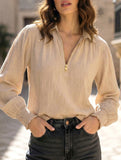 Pullover Zip Cotton Linen Loose Collar Shirt_CWTBLL02282