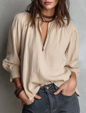 Pullover Zip Cotton Linen Loose Collar Shirt_CWTBLL02282