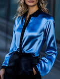 Women's satin color-blocked long-sleeved shirt