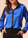Women's satin color-blocked long-sleeved shirt