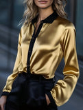 Women's satin color-blocked long-sleeved shirt