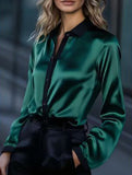 Women's satin color-blocked long-sleeved shirt
