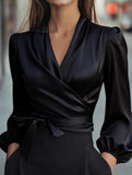 Women's elegant satin tie-waist top