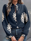 Printed Stand Collar Tie Button Shirt