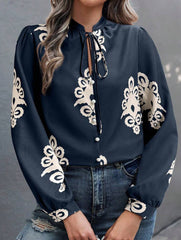 Printed Stand Collar Tie Button Shirt