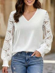 Solid Embroidered V Neck Long Sleeve Shirt
