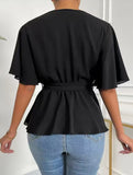 Solid Belted Flare Sleeve Blouse_CWTBLL02328