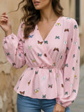Women's Butterfly Print Lantern Sleeve Chiffon Blouse_CWTBLL02341