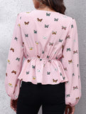Women's Butterfly Print Lantern Sleeve Chiffon Blouse_CWTBLL02341