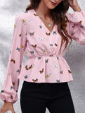 Women's Butterfly Print Lantern Sleeve Chiffon Blouse_CWTBLL02341