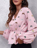 Women's Butterfly Print Lantern Sleeve Chiffon Blouse_CWTBLL02341