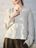 Pure Linen V Neck Long Sleeve Work Tee_CWTBLL02353
