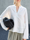 Pure Linen V Neck Long Sleeve Work Tee_CWTBLL02353