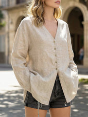 Pure Linen V Neck Relaxed Fit Shirt_CWTBLL02356
