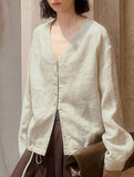 Pure Linen V Neck Relaxed Fit Shirt_CWTBLL02356