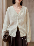 Pure Linen V Neck Relaxed Fit Shirt_CWTBLL02356