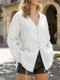 Pure Linen V Neck Relaxed Fit Shirt_CWTBLL02356