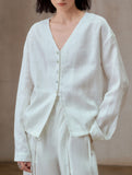 Pure Linen V Neck Relaxed Fit Shirt_CWTBLL02356