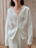 Pure Linen V Neck Relaxed Fit Shirt_CWTBLL02356