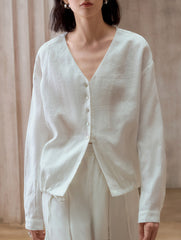 Pure Linen V Neck Relaxed Fit Shirt_CWTBLL02356