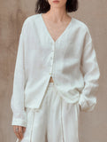 Pure Linen V Neck Relaxed Fit Shirt_CWTBLL02356