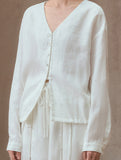 Pure Linen V Neck Relaxed Fit Shirt_CWTBLL02356