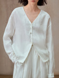 Pure Linen V Neck Relaxed Fit Shirt_CWTBLL02356