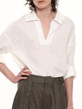 White Linen V Neck Long Sleeve Shirt_CWTBLL02357