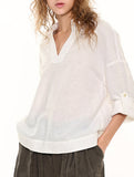 White Linen V Neck Long Sleeve Shirt_CWTBLL02357