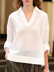 White Linen V Neck Long Sleeve Shirt_CWTBLL02357