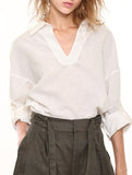 White Linen V Neck Long Sleeve Shirt_CWTBLL02357