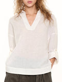White Linen V Neck Long Sleeve Shirt_CWTBLL02357