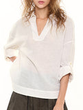 White Linen V Neck Long Sleeve Shirt_CWTBLL02357