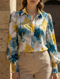 Print Turn Down Collar Puff Sleeve Shirt