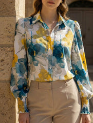 Print Turn Down Collar Puff Sleeve Shirt